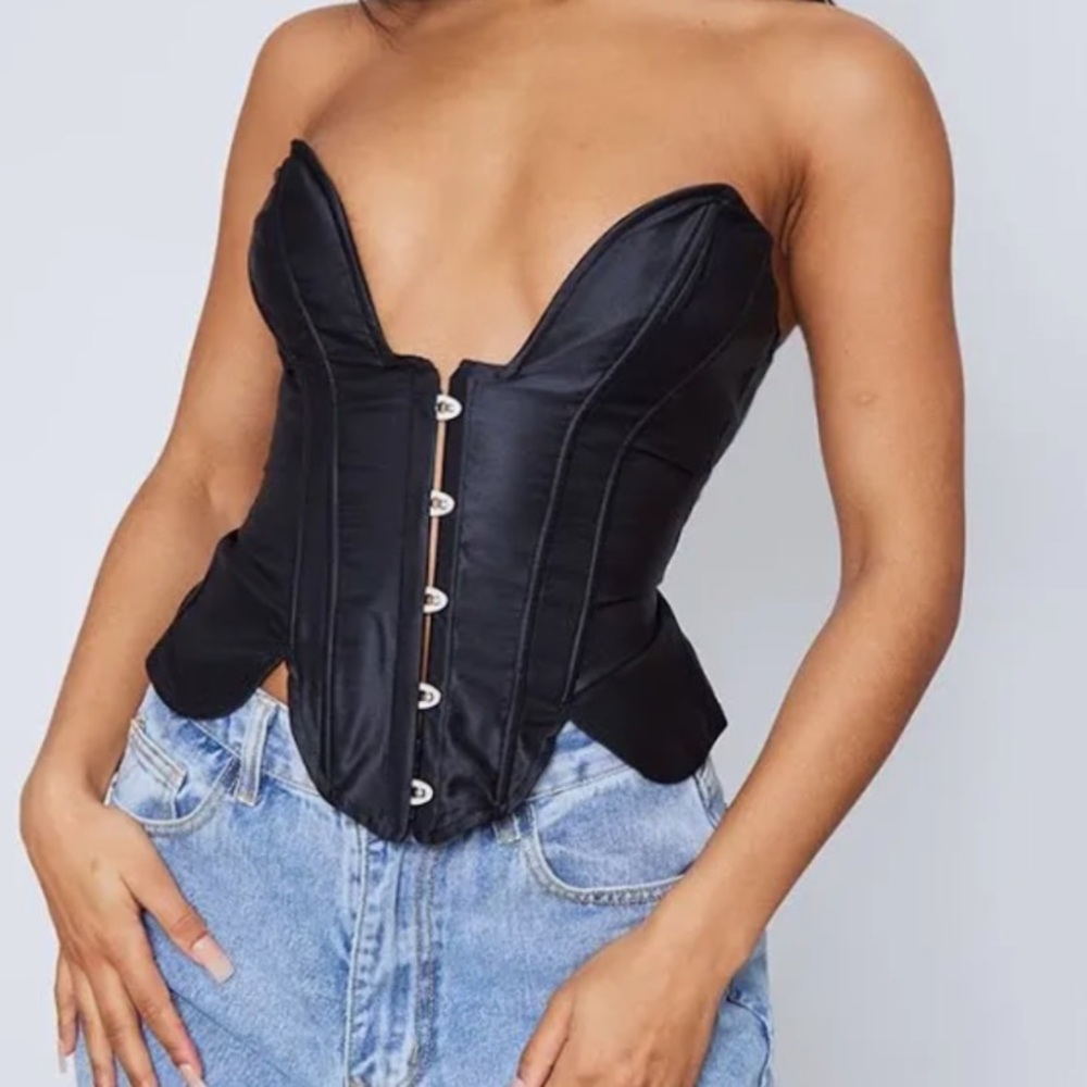 PrettyLittleThing Black Satin Structured Hook & Eye Corset